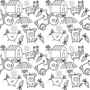 Seamless Black & White Doodle Farm Pattern