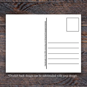 May include: A blank white postcard with a black border around the address area and a black line for the stamp. The back of the postcard has a black line for the address and a black line for the message. The text on the back of the postcard reads "Handmade in the USA www.etsy.com/shop/archivepaperandpress *Deafult back design can be substituded with your design."