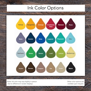 Puede incluir: Una carta de colores titulada "Opciones de color de tinta" muestra una variedad de colores de tinta en forma de l&aacute;grima. Los colores incluyen amarillo, naranja, rojo, azul, verde y marr&oacute;n. El texto en la parte inferior indica que los colores de la tinta pueden variar.