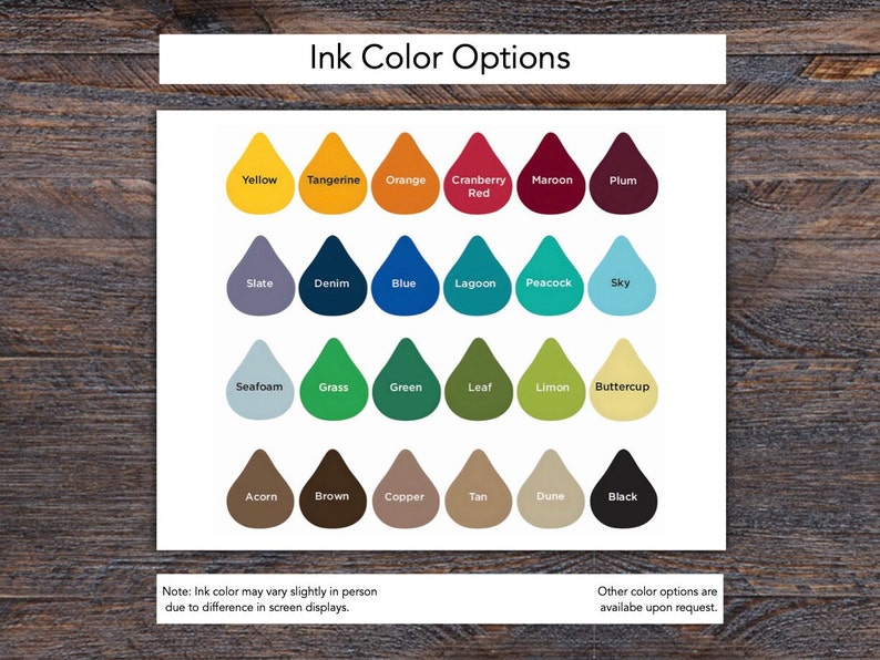Puede incluir: Una carta de colores titulada "Opciones de color de tinta" muestra una variedad de colores de tinta en forma de l&aacute;grima. Los colores incluyen amarillo, naranja, rojo, azul, verde y marr&oacute;n. El texto en la parte inferior indica que los colores de la tinta pueden variar.