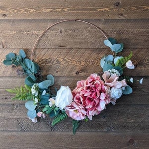 Modern Rose Gold Spring Hoop Wreath for Front Door | Farmhouse Chic Hoop Wreath