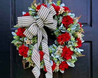 Wreaths for Front Door, Farmhouse Red Geraniums Summer Wreath, Fall Wreath, Fern Greenery Wreath,  Lamb's Ear and Eucalyptus Farmhouse Decor