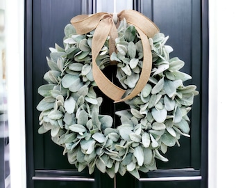 Lambs Ear Wreath: Farmhouse Greenery Front Door Wreath