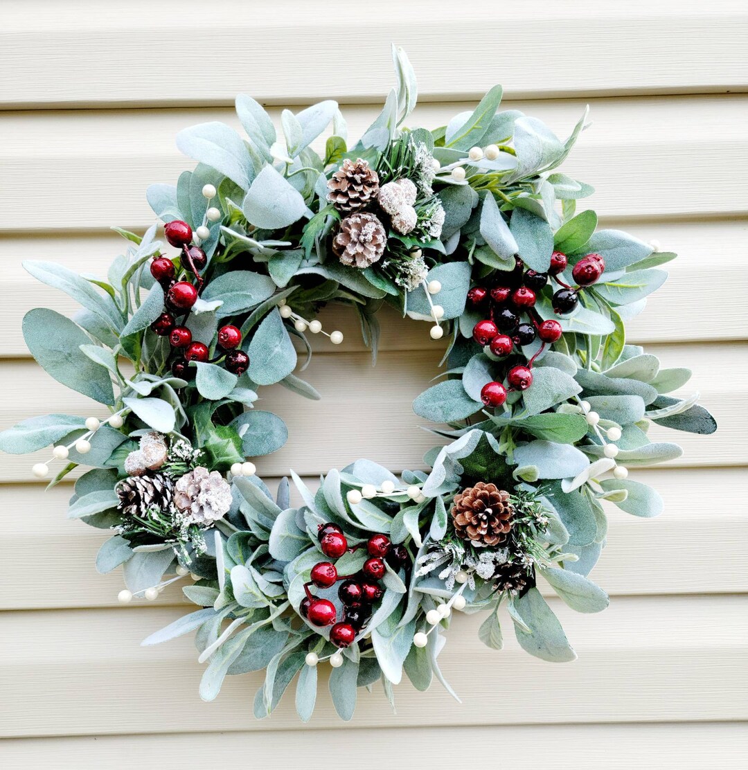 Winter Lamb's Ear and Berries Front Door Wreath, Winter Berries and ...