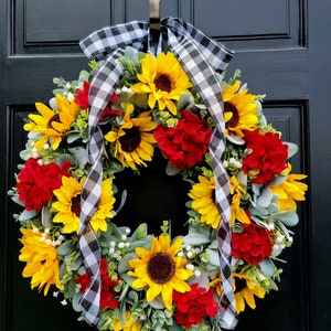Summer or Fall Yellow Sunflower Wreath, Red Geraniums Summer Wreath, Summer Front Door Wreath, Farmhouse Fall Wreath, Fall Decorations