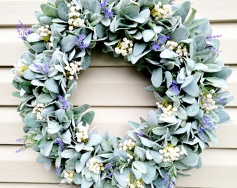 Year Round Lamb's Ear and Lavender Front Door Wreath, Spring or Summer Lavender Lamb's Ear Wreath, Every Day Greenery Wreath, Summer Wreath