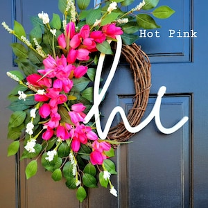 Spring Tulip Wreath for Front Door, Summer Tulip Wreath, Pink Floral Wreath, Hi Spring Wreath, Summer Tulip and Greenery Wreath, Door Dècor