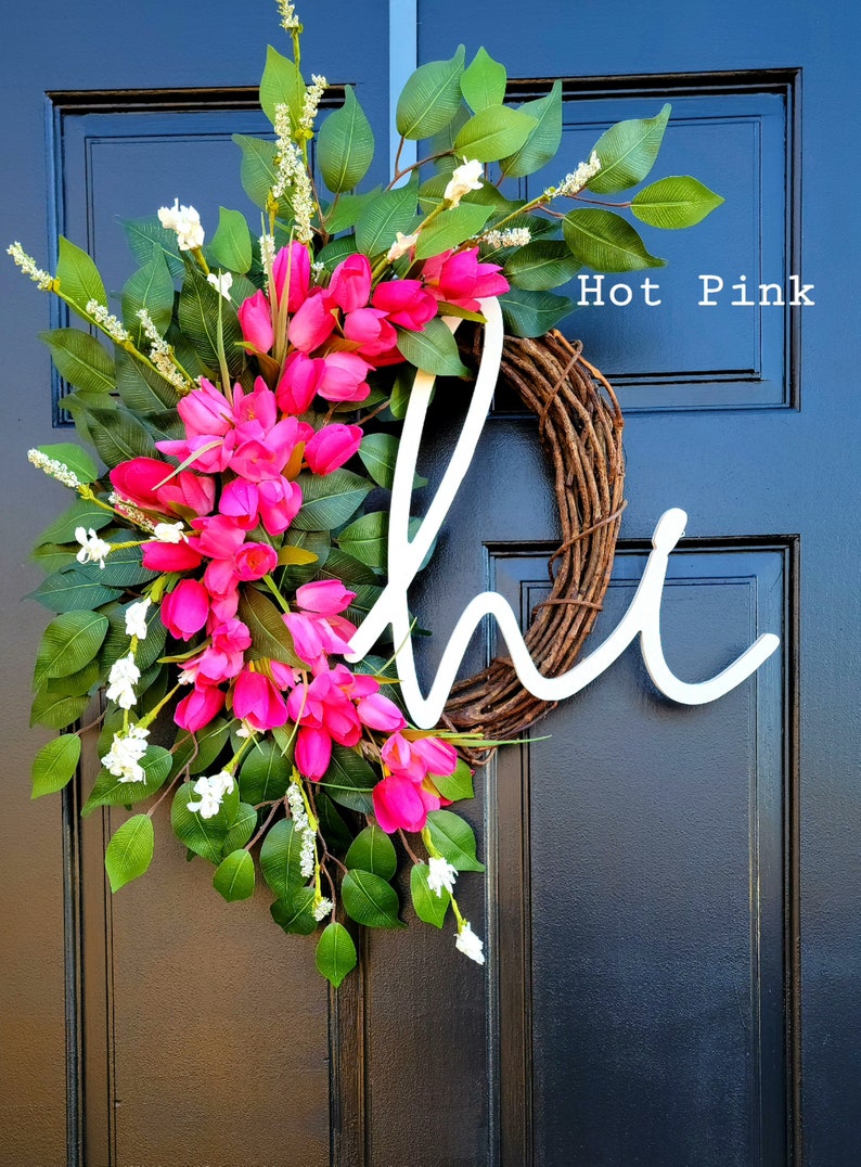 Spring Tulip Wreath for Front Door, Summer Tulip Wreath, Pink Floral Wreath, Hi Spring Wreath, Summer Tulip and Greenery Wreath, Door Dècor image 1