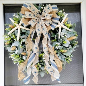 Year Round Nautical Starfish Wreath for Front Door, Neutral Summer Beach Wreath, Lamb's Ear and Eucalyptus Greenery Wreath, Coastal Wreath