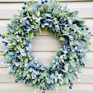 Winter Lamb's Ear and Eucalyptus Front Door Wreath, Winter Blueberry and White Berries Wreath, Winter Berry Farmhouse Greenery Wreath,