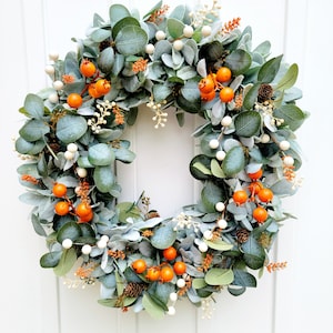 Fall Wreaths, Modern Greenery Orange Berry Autumn Wreath, Lamb&#39;s Ear and Eucalyptus Fall Front Door Wreath, Berries and Pinecone Fall Wreath