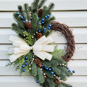 Winter Cedar and Berries Front Door Wreath, Winter Pine and Blue Berries Wreath, Winter Decorations, Elegant Winter Door Wreath, Pinecones