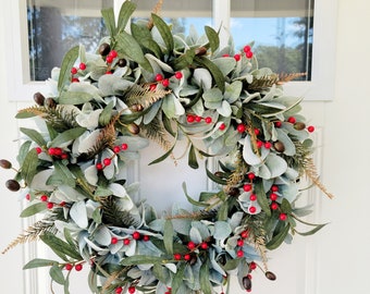 Rustic Winter Door Wreath with Red Berries,  Lamb's Ear and Olive Leaves Modern Winter Wreath, Greenery & Red Berries Farmhouse Wreath