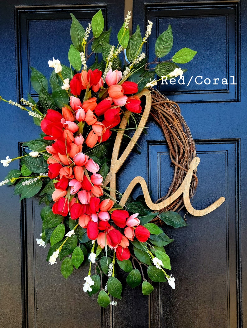 Spring Tulip Wreath for Front Door, Summer Tulip Wreath, Pink Floral Wreath, Hi Spring Wreath, Summer Tulip and Greenery Wreath, Door Dècor image 4