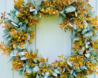 Fall Lambs Ear Wreath: Farmhouse Autumn Greenery Door Decor