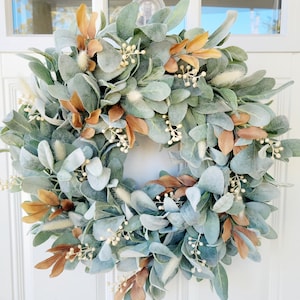 Summer and Fall Lamb's Ear and Cream Berries Front Door Wreath, Bunny Tails and Brown Leaves Wreath, Neutral Wreath, Modern Farmhouse Wreath