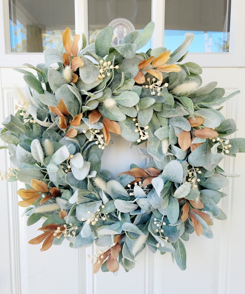 Summer and Fall Lamb's Ear and Cream Berries Front Door Wreath, Bunny Tails and Brown Leaves Wreath, Neutral Wreath, Modern Farmhouse Wreath image 1