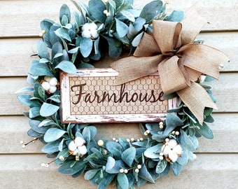 Year Round Lamb's Ear Wreath, Farmhouse Wreath for Front Door, Country Rustic Everyday Greenery Wreath, White berries and Cotton Wreath