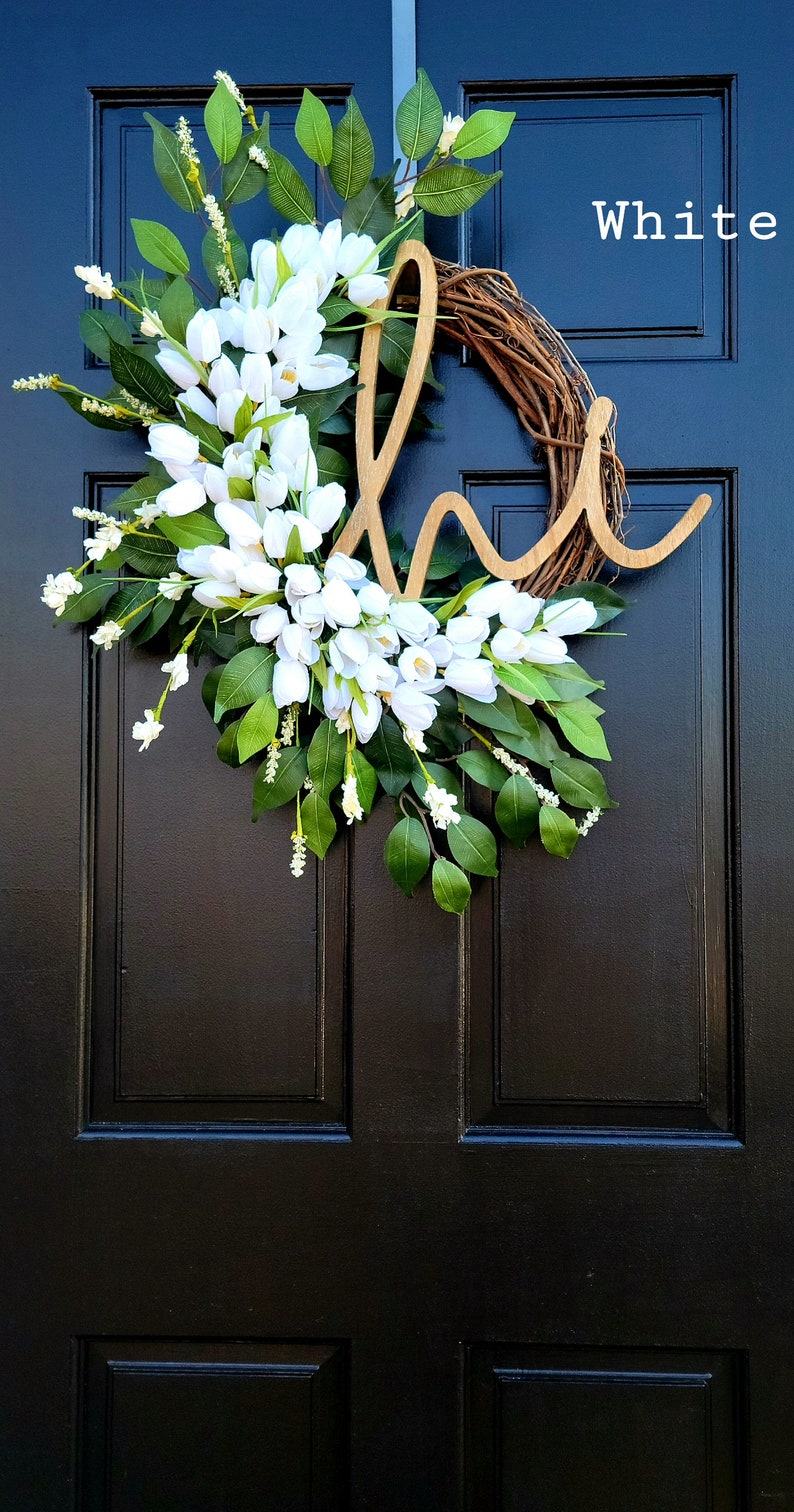 Spring Tulip Wreath for Front Door, Summer Tulip Wreath, Pink Floral Wreath, Hi Spring Wreath, Summer Tulip and Greenery Wreath, Door Dècor image 7