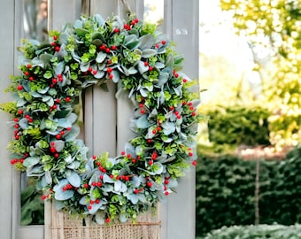Red Berry Winter Wreath: Lamb's Ear & Eucalyptus Farmhouse Decor