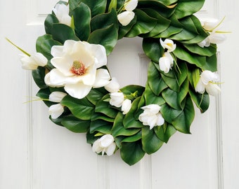 Magnolia Wreath, Classic Magnolia Leaves Wreath, White Tulip and Magnolia Wreath, Spring Tulip Wreath, Neutral Year Round Front Door Wreath