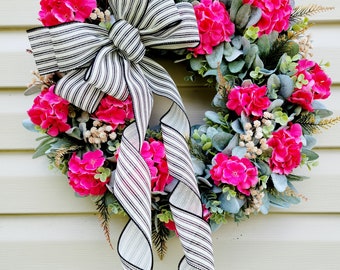 Pink Geranium Farmhouse Wreath: Lambs Ear Eucalyptus Decor