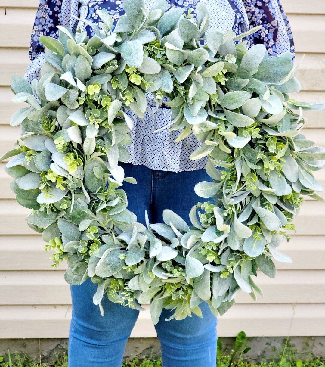 Eucalyptus Lamb's Ear Wreath: Large Farmhouse Greenery Door Wreath - Etsy