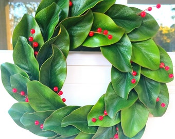 Winter Red Berry & Magnolia Leaves Front Door Wreath, Classic Magnolia Winter Wreath, Red Berry Greenery Wreath, Modern Farmhouse Wreath