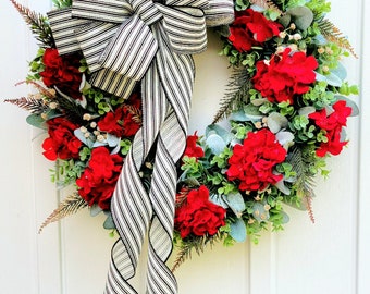 Summer Wreaths, Red Geraniums and Greenery Front Door Wreath, Farmhouse Wreath, Lamb's Ear and Eucalyptus Greenery Wreath, Fall Wreath