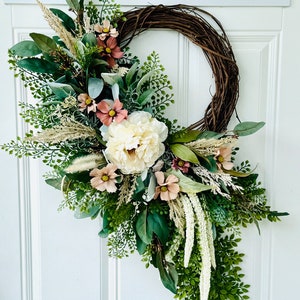 Peony and Cosmos Wreath: Boho Farmhouse Greenery Front Door Decor
