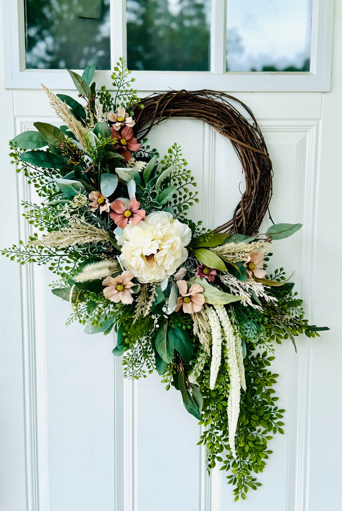 Peony and Cosmos Wreath: Boho Farmhouse Greenery Front Door Decor