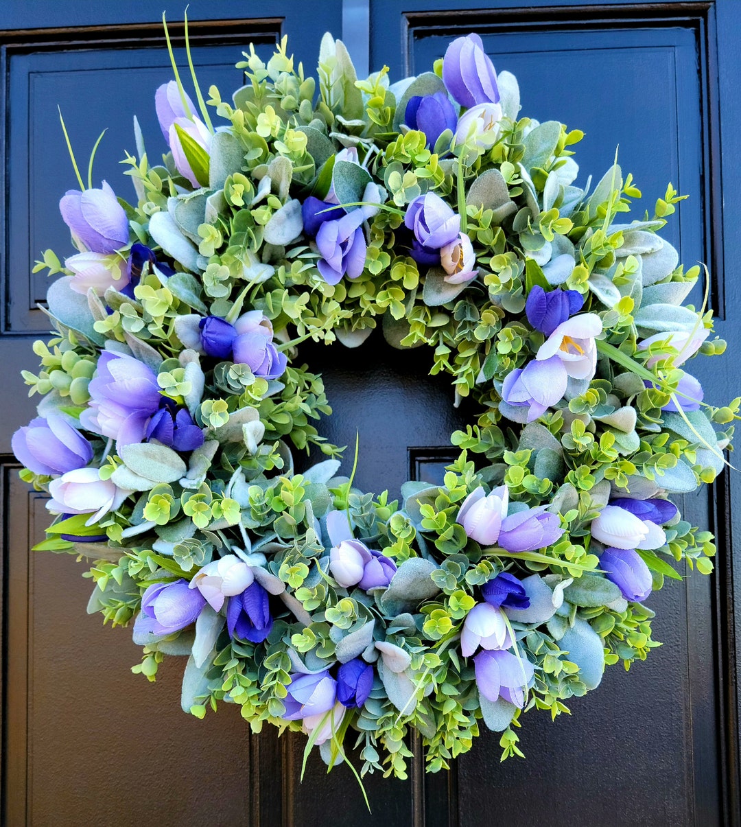 Purple Spring Tulip and Lamb's Ear Front Door Wreath, Tulip Wreath ...