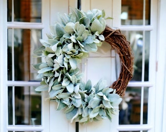 Everyday Lamb's Ear Greenery Front Door Wreath, Year Round Modern Greenery Wreath, Nursery Wreath, Wedding Wreath, Modern Farmhouse Wreath