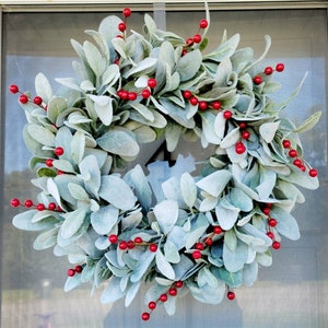 Lamb's Ear Wreath for Front Door With Red Berries, Red Berries Winter Wreath, Lamb's Ear Greenery Wreath, Winter Farmhouse Wreath