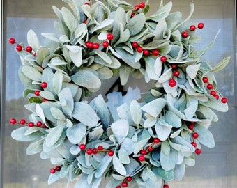 Lamb's Ear Wreath for Front Door With Red Berries, Red Berries Winter Wreath, Lamb's Ear Greenery Wreath, Winter Farmhouse Wreath