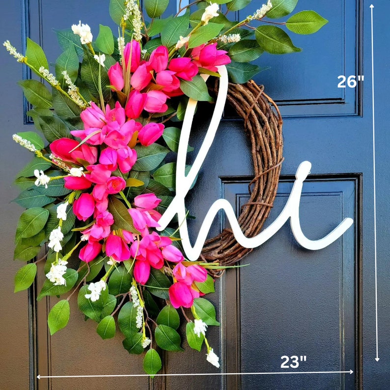 Spring Tulip Wreath for Front Door, Summer Tulip Wreath, Pink Floral Wreath, Hi Spring Wreath, Summer Tulip and Greenery Wreath, Door Dècor image 10