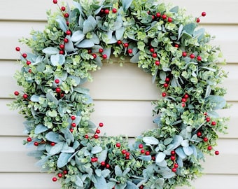Winter Red Berry Wreath: Lamb's Ear & Eucalyptus Farmhouse Decor