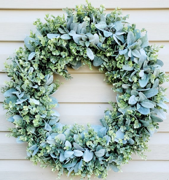 Greenery Wreath for Front Door Year Round Eucalyptus Wreath With Letter all  Season Lambs Ear Wreath With Monogram Gift 