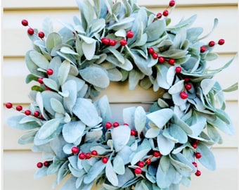 Lamb’s Ear Red Berry Wreath | Farmhouse Greenery Door Decor | Rustic Year Round Wreath