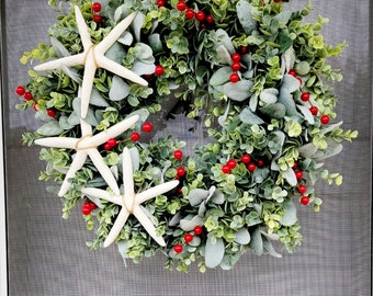 Coastal Red Berry Winter Front Door Wreath,  Beach Winter Wreath, Winter Lamb's Ear and Eucalyptus Wreath,  Beach Starfish Wreath,