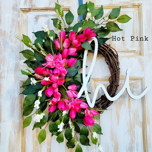 Spring Tulip Wreath for Front Door, Summer Tulip Wreath, Pink Floral Wreath, Hi Spring Wreath, Summer Tulip and Greenery Wreath, Door Dècor image 3