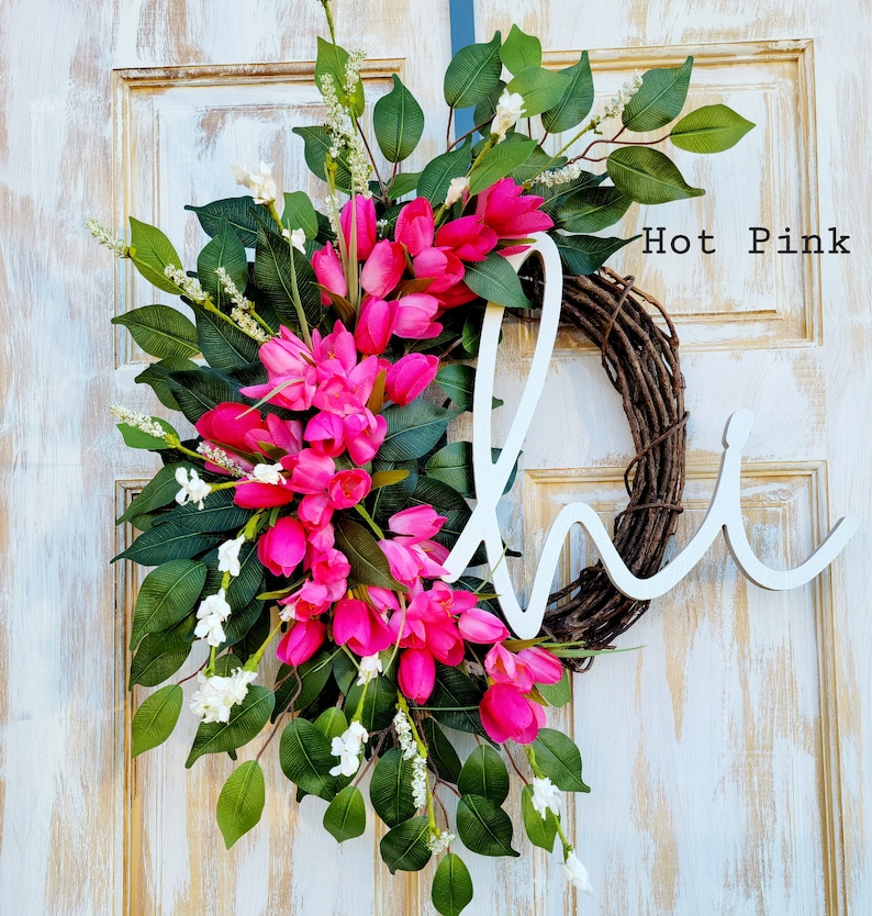 Spring Tulip Wreath for Front Door, Summer Tulip Wreath, Pink Floral Wreath, Hi Spring Wreath, Summer Tulip and Greenery Wreath, Door Dècor image 3