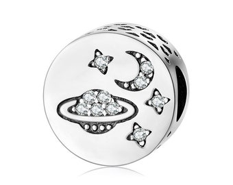 Wow Charms 925 Sterling Silver Charms Moon Star Planet Zircon Beads Pendants. Charms fit for Pandora bracelets.