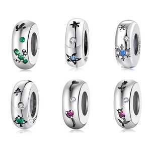 Könnte beinhalten: Sechs silberne Charms mit verschiedenen Designs. Jede Perle hat einen andersfarbigen Edelstein und ein einzigartiges Design, darunter eine Palme, eine Schneeflocke, eine Blume und ein Kaktus.