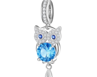Wow Charms 925 Sterling Silver | Charm Blue Owl with Zircon Halloween Pendant | Charms fit for Pandora Bracelets Halloween Gifts for Women.