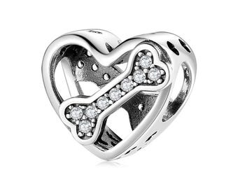 Wow Charms 925 Sterling Silver Charms Dogs Bone Paw Print Animals Heart Zircon Stone Beads Pendants. Charms fit for Pandora bracelets.