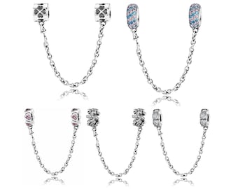 Wow Charms 925 Sterling Silver | Silver Safe Chains Colorful Pink Crystal Zircon Safety Chain | Charms fit for Pandora bracelets.