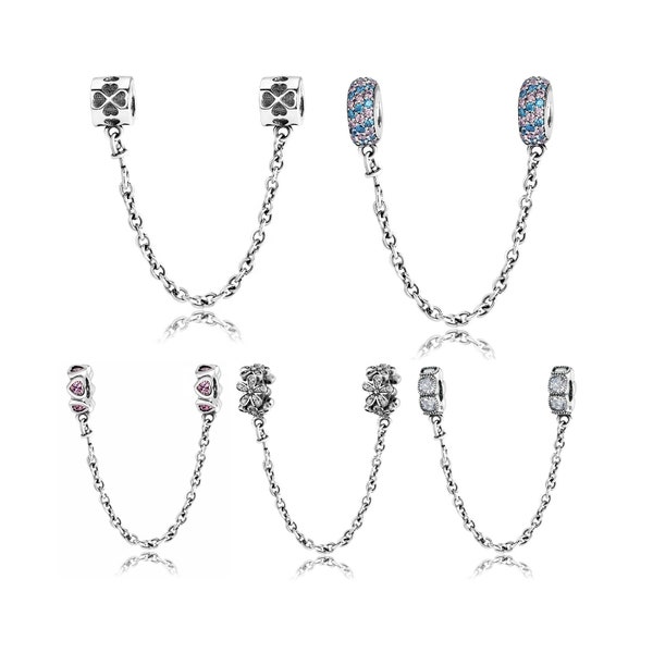 Wow Charms 925 Sterling Silver | Silver Safe Chains Colourful Pink Crystal Zircon Safety Chain | Charms fit for Pandora Bracelets.