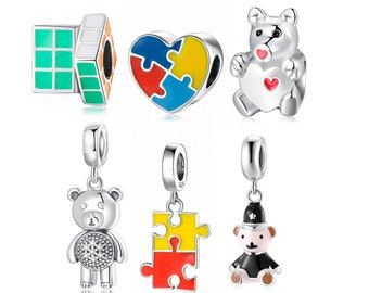 Wow Charms 925 Sterling Silver Charms Square Enamel Blue and Red Puzzle Beads Bear Pendants. Charms fit for Pandora bracelets.