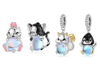 Wow Charms 925 Sterling Silver | Animals Embrace Charms Cat Heart Moon Stone Beads | Charm Bracelet fit for Pandora Christmas Gift for Women